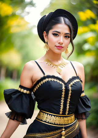 Beautiful asian woman wearing traditional Thai dress and black hat.の素材