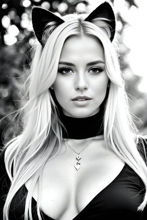 Portrait of a beautiful young woman with black cat makeup. Beauty, fashion.の素材