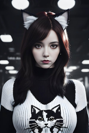 Portrait of a beautiful young woman in a cat costume. Fashion shot.の素材