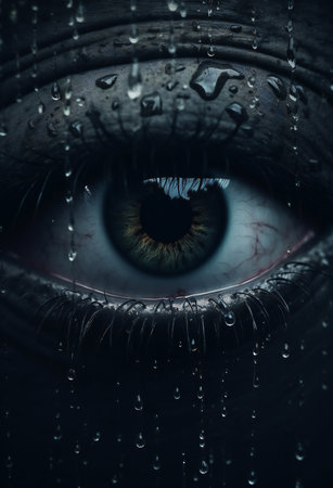 Close-up of a woman's blue eye with drops of waterの素材