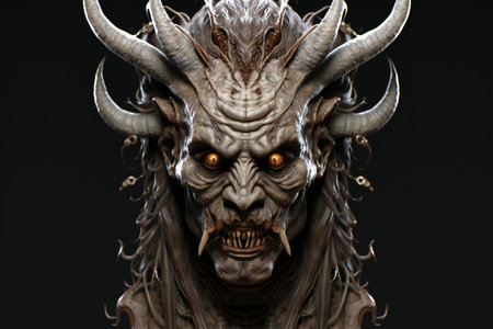 illustration of a monster with horns and big eyes on a black backgroundの素材