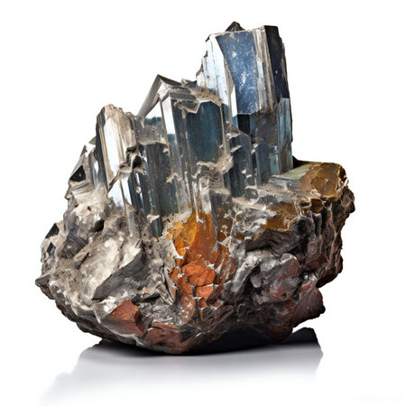 Chalcopyrite mineral on the white background with reflection.の素材