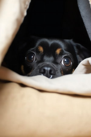 Cute little chihuahua puppy peeking out from under the blanketの素材