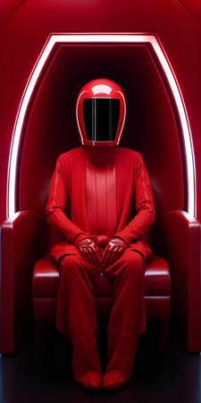 Man in red suit sitting in a red chair.の素材