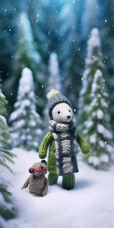 Snowman and snowman in the winter forest. Christmas background.の素材