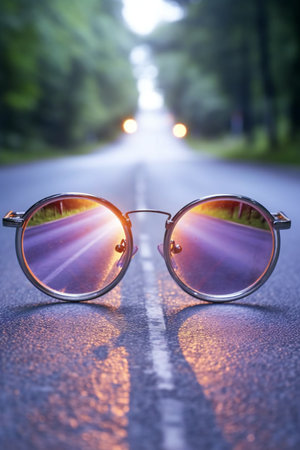 Sunglasses on the road in the evening. Selective focusの素材