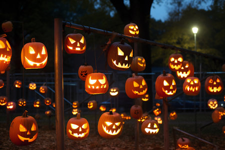 Halloween pumpkin lanterns at night in the park. Selective focusの素材
