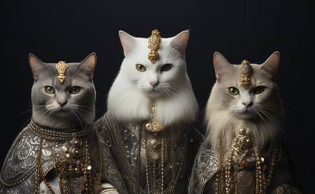 Three white cats with golden crowns on black background. Studio shot.の素材