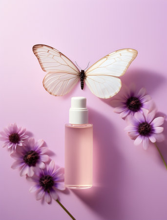 Bottle of hyaluronic acid and butterfly on pink backgroundの素材