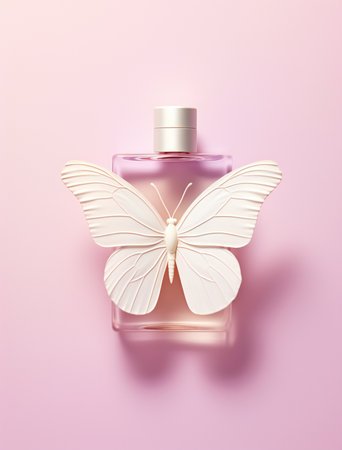 Bottle of perfume with white butterfly on pink background.の素材