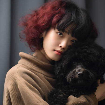 Beautiful asian woman with red hair and black poodle dogの素材