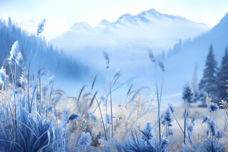 Beautiful winter landscape with snowy mountains and meadow.