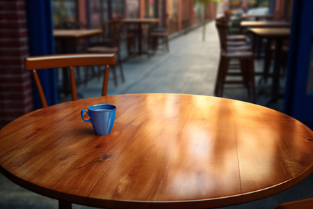 Blue cup of coffee on wooden table in coffee shop, stock photoの素材