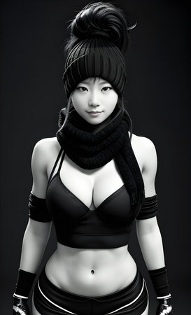 Portrait of a beautiful asian woman in black lingerie and scarfの素材