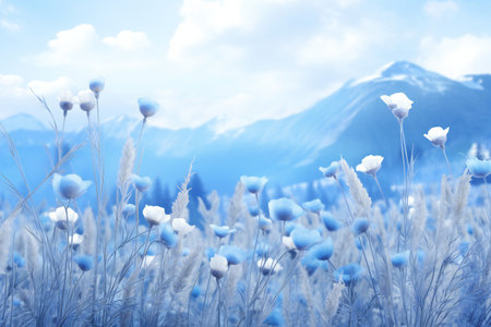 Beautiful meadow with flowers and snow-capped mountains in the backgroundの素材