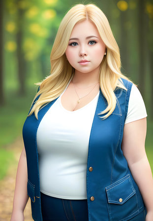 portrait of a beautiful young woman in a blue jacket in the parkの素材