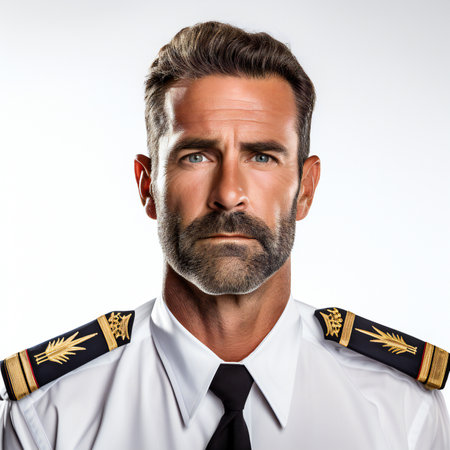 Portrait of a handsome pilot. Isolated over white background.の素材
