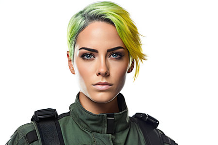 Portrait of a beautiful woman with green hair and green backpack.の素材