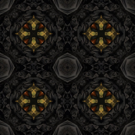 Kaleidoscopic ornamental seamless pattern in black and gold colorsの写真素材