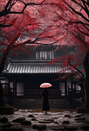 Japanese woman with an umbrella standing in front of a red cherry tree in a templeの素材