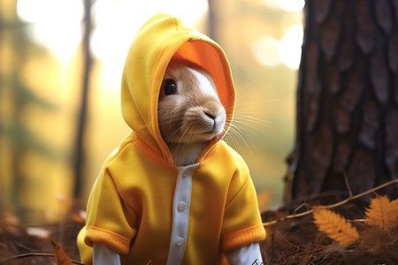 Rabbit in a yellow jacket in the autumn forest. Cute animal.の素材
