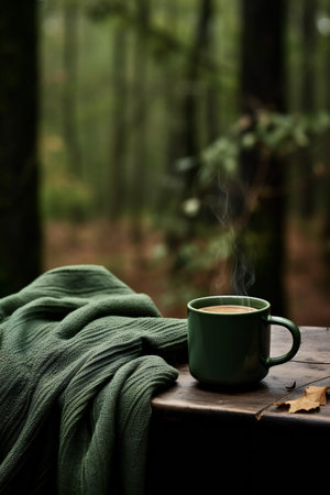 Cup of hot coffee with green scarf on wooden table in autumn forestの素材