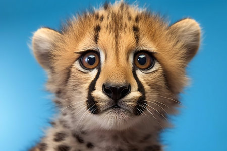 Close-up of a baby cheetah cub on blue backgroundの素材
