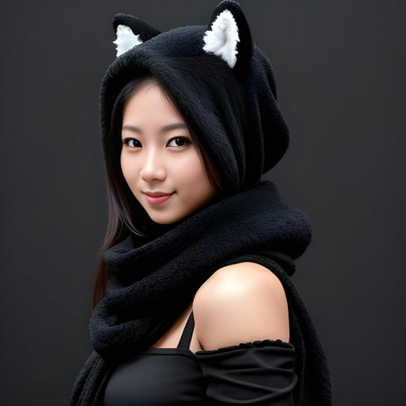 beautiful asian woman in black coat and fur hat on black backgroundの素材