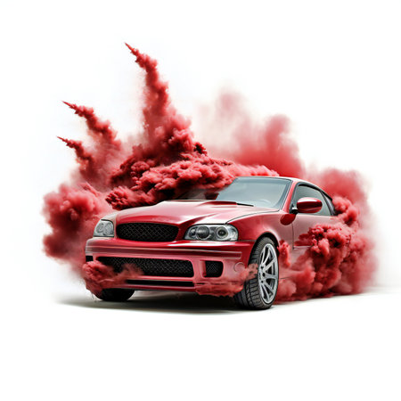 Red sport car with smoke on a white background.の素材