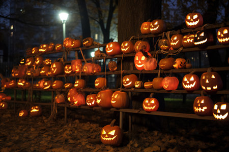 Halloween pumpkins at night in the park. Selective focus.の素材