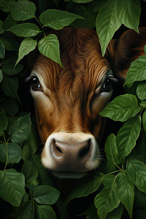 Cow in the green leaves. Natural background.の素材
