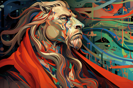 illustration of a lion in a fantasy style. Colorful background.の素材