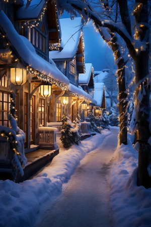 Winter night in the village. Christmas and New Year holidays background.の素材