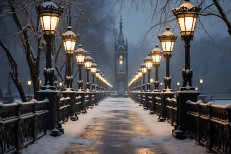 Snowy bridge in winter at night, Prague, Czech Republic.の素材