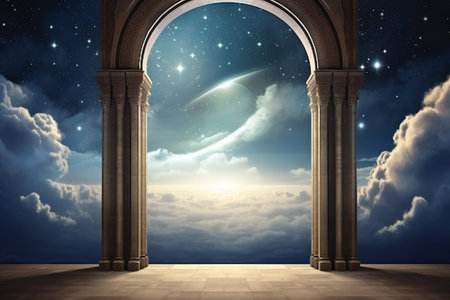 Doorway to heaven with stars and clouds in the skyの素材