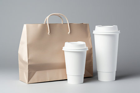 Coffee cup and paper bag on grey background. Mock upの素材