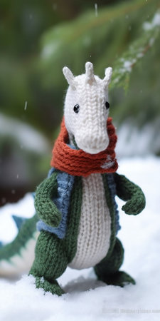 Handmade knitted toy in the form of a unicorn in the snowの素材