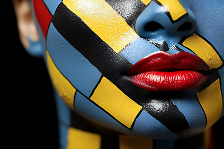 Close-up portrait of a beautiful woman's face painted in black and yellow.の素材