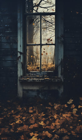 Old abandoned window in the autumn forest with fallen leaves in the foregroundの素材