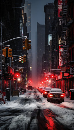 New York City street at night with traffic lights and snowfall.の素材