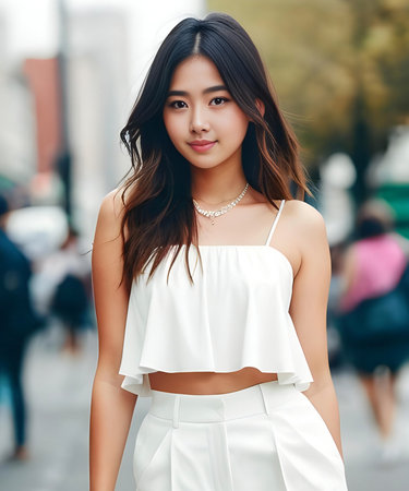 Beautiful asian woman in white dress walking on the street.の素材