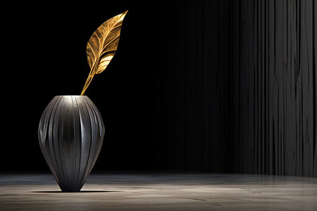 golden feather in vase on wooden table with black backgroundの素材