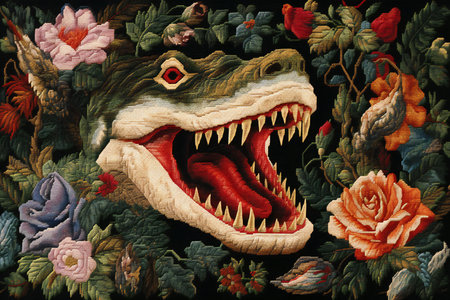 Tyrannosaurus rex with floral background, closeup of photoの素材