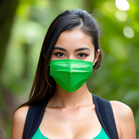 Portrait of a beautiful asian woman wearing a green surgical mask outdoors.の素材