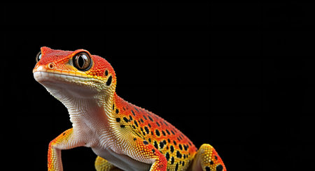 Leopard gecko isolated on black background. This reptile has the scientific name Eublepharis macularius.の素材