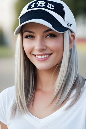 Portrait of a beautiful young woman in a baseball cap smiling at the cameraの素材