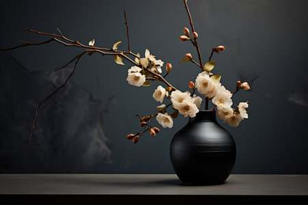 Vase with white cherry blossom flowers on black table against dark backgroundの素材