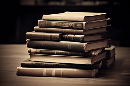 Pile of old books on wooden table. Selective focus. Toned.の素材