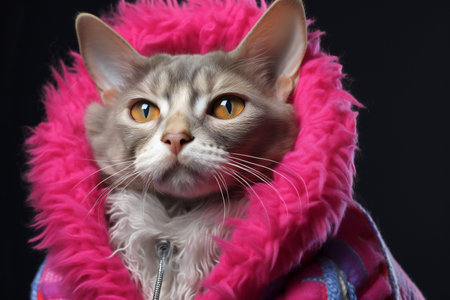 Portrait of a cat in a pink scarf on a black backgroundの素材