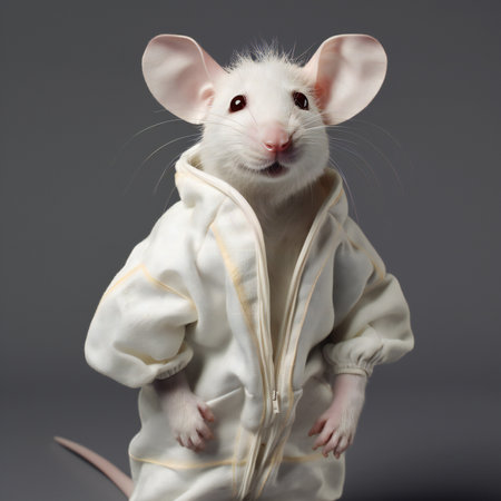 Cute white mouse in a dressing gown on a gray background.の素材